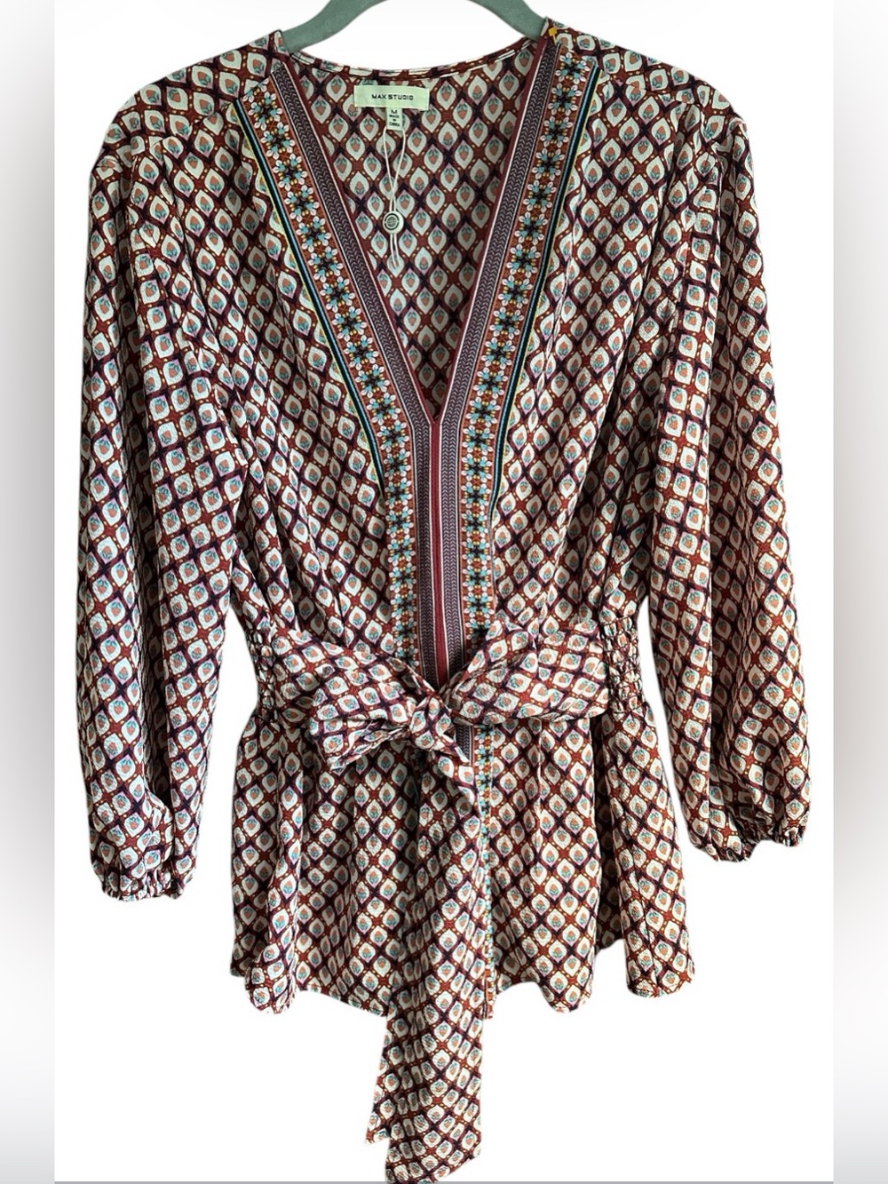 NWT Max Studio Maroon Geo Print V-Neck Tie-Waist Tunic with Embroidered Trim M